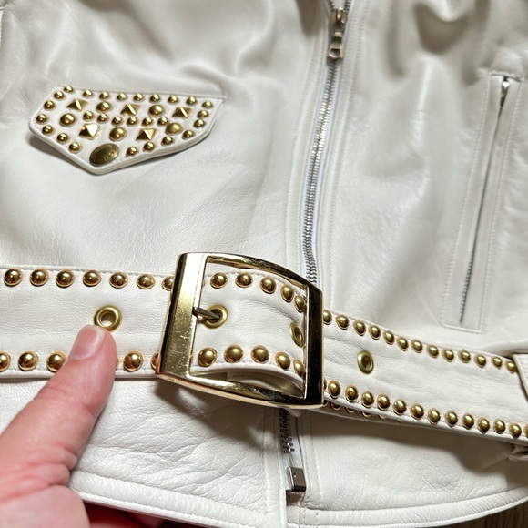 Vintage 1980s John Michael White Leather Studded Rhinestone Jacket Large - Picture 5 of 9